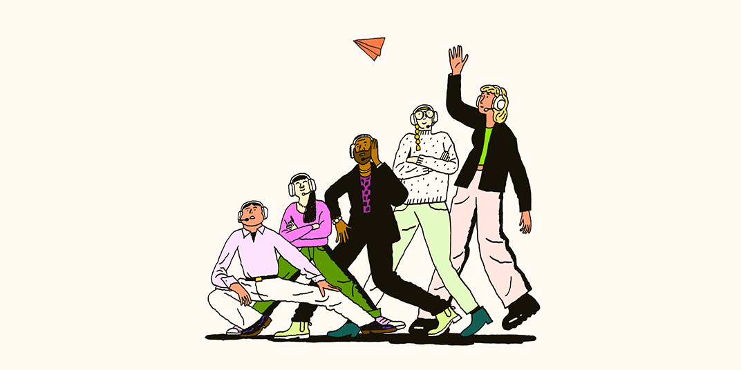 Five support agents watching a paper airplane showing how to hire customer support agents.